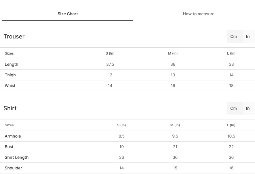 Size chart for Aabshaar