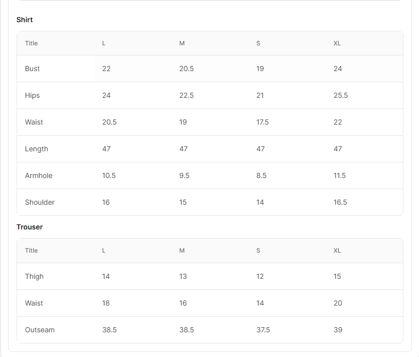 Size chart for Aaliyah lailac