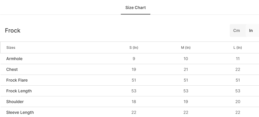 Size chart for Aania