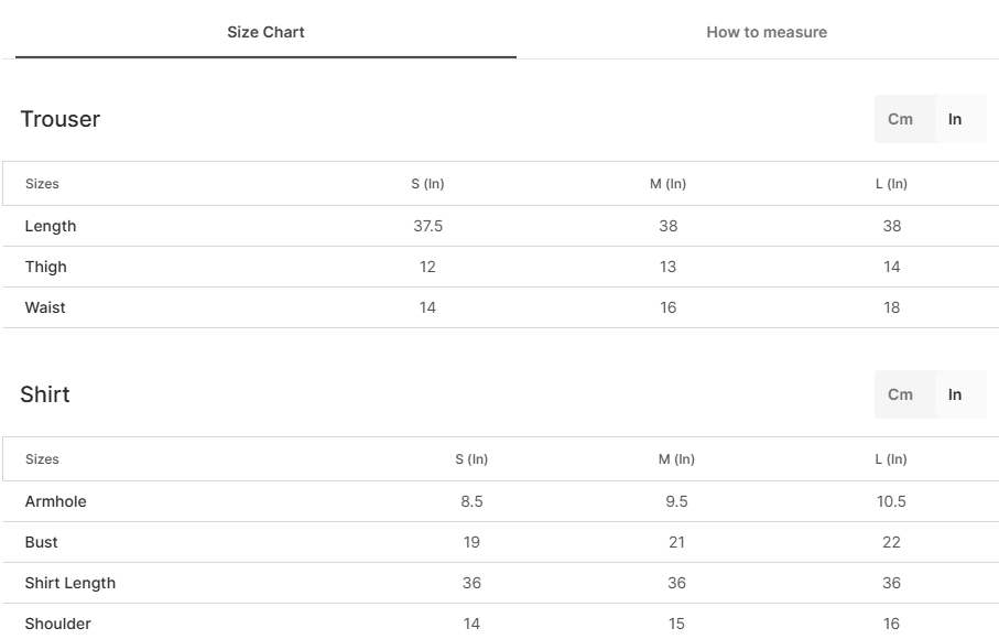 Size chart for Aari - 2