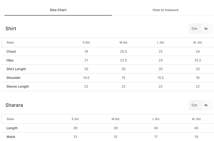 Size chart for Aatishbaan