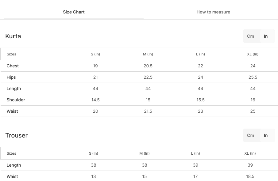 Size chart for Abresham