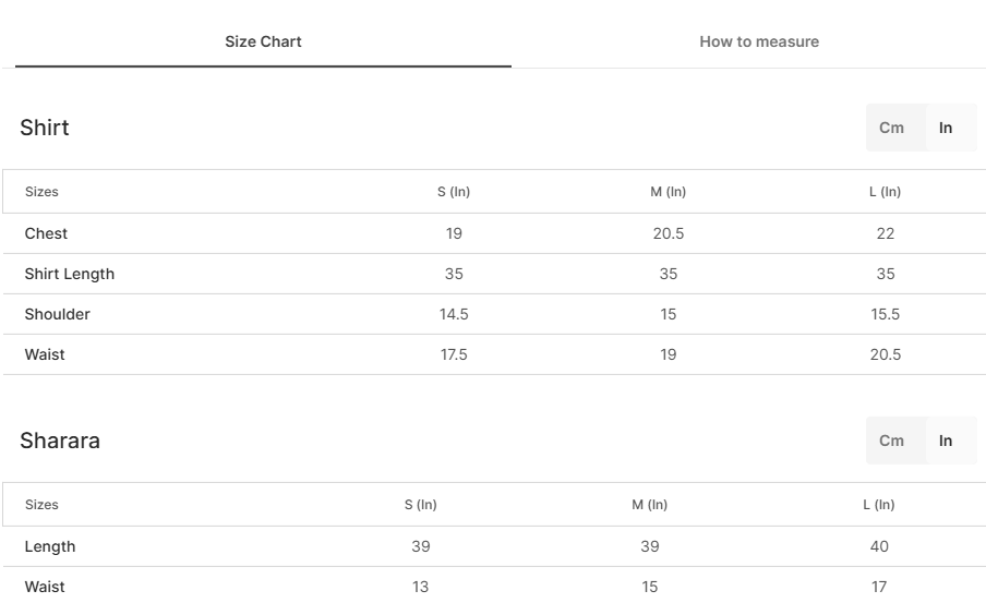 Size chart for Adiba Blue