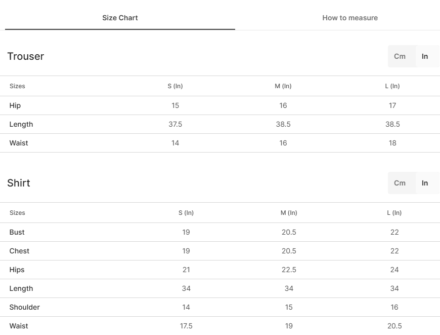 Size chart for Afaq