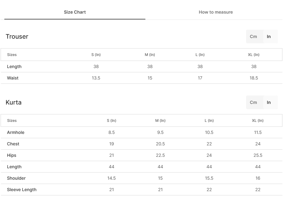 Size chart for Aiza