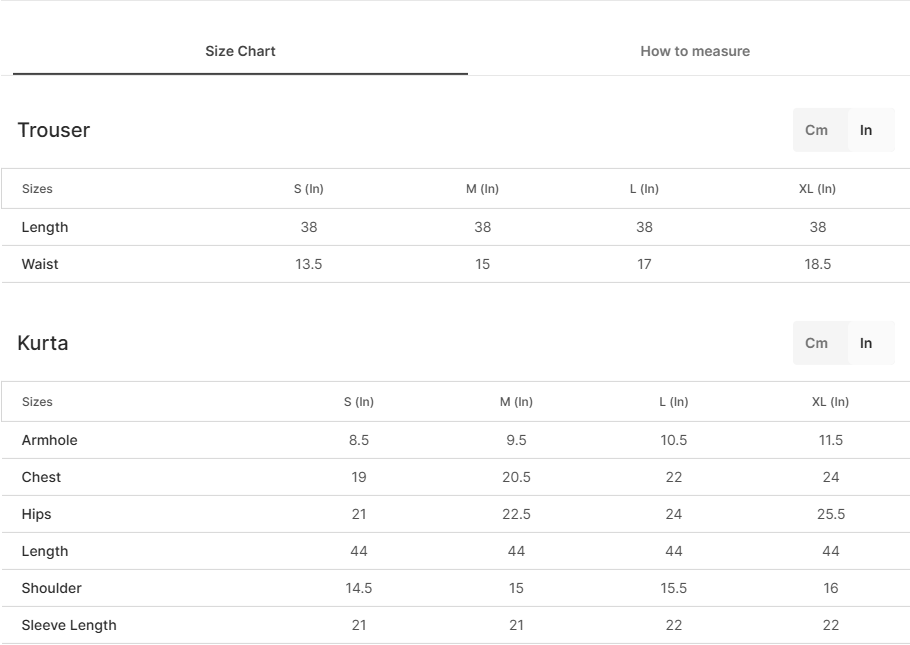 Size chart for Alana