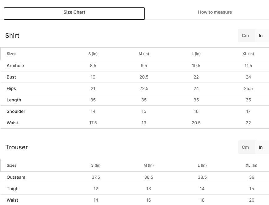 Size chart for Alara Navy