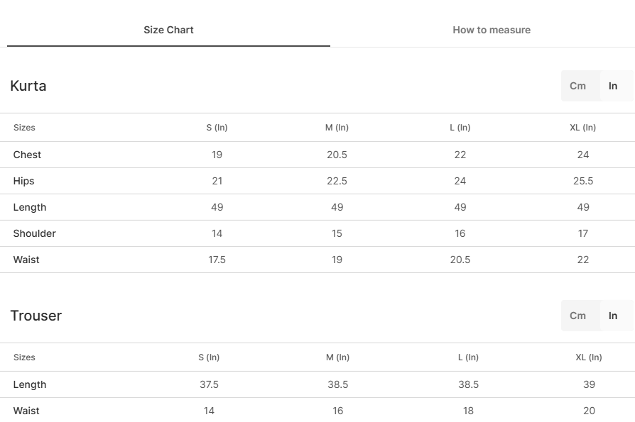 Size chart for Alexina