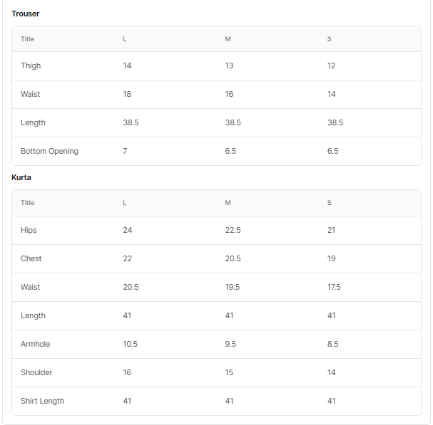 Size chart for Allure