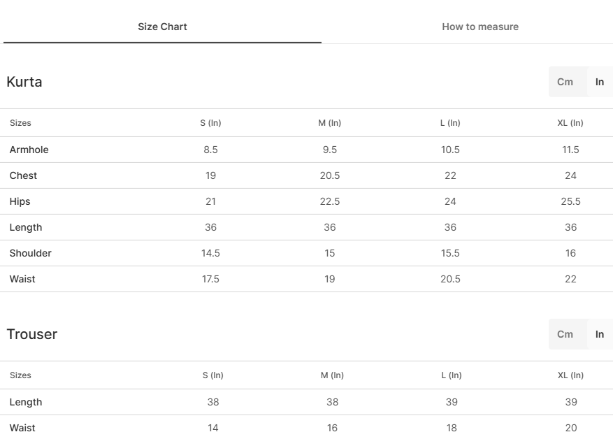 Size chart for Amberveil