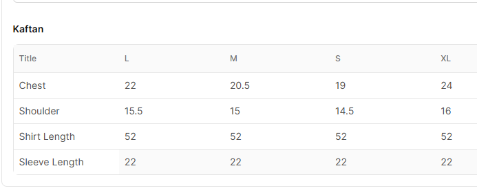 Size chart for Anamta
