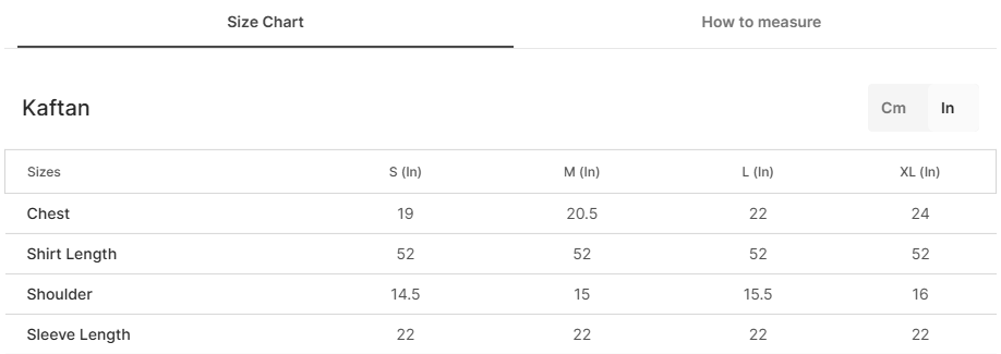 Size chart for Anamta Black