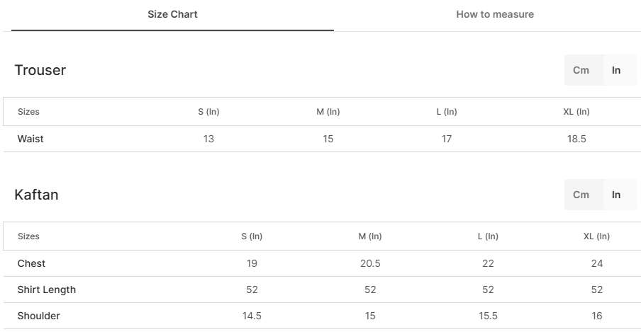 Size chart for Angrakha