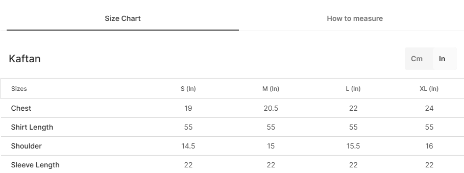 Size chart for Anousha