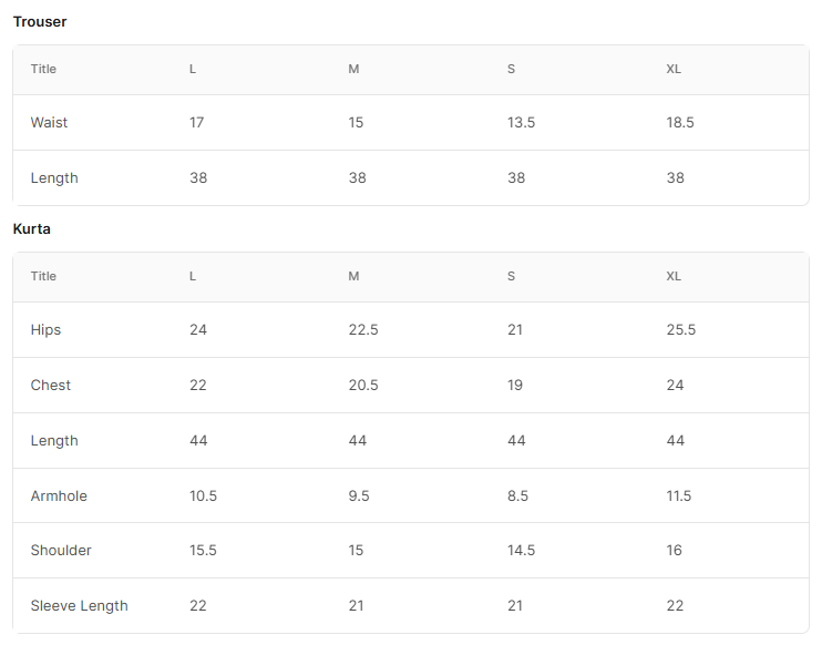 Size chart for Areej