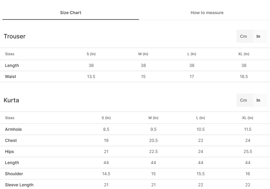 Size chart for Areej