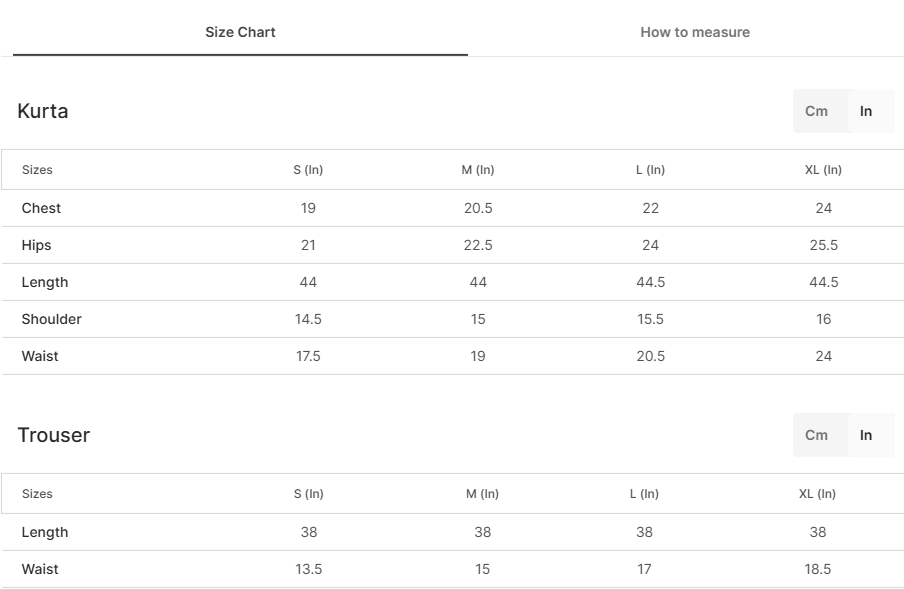 Size chart for Areesha