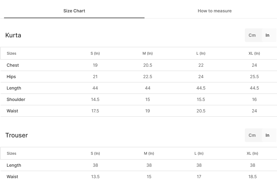 Size chart for Areesha