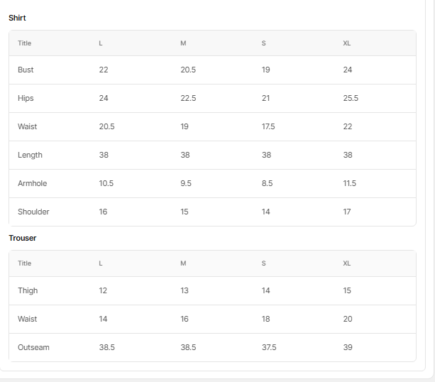 Size chart for Aria