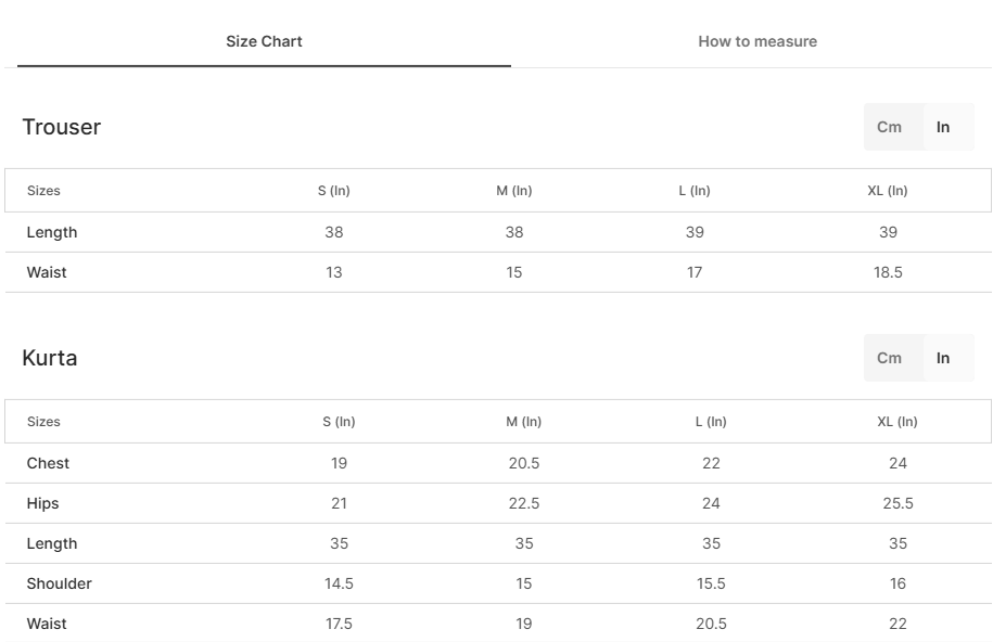 Size chart for Arsh