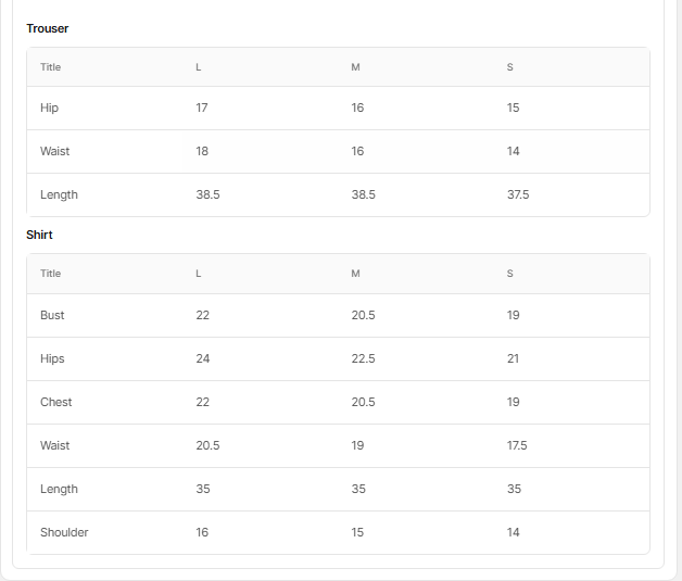 Size chart for Arwina