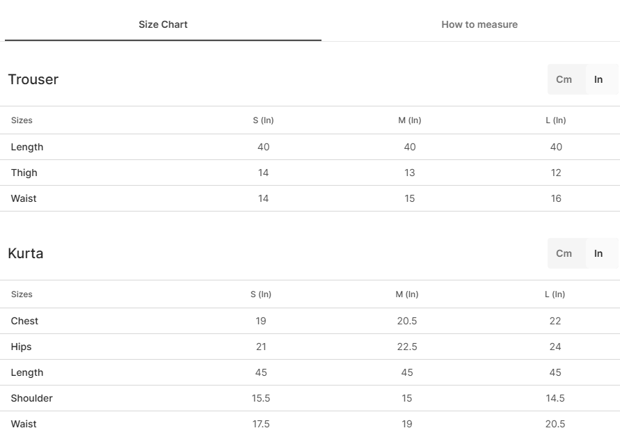 Size chart for Ashley Cyan