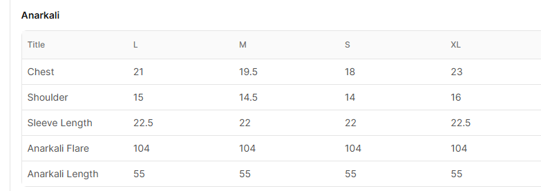 Size chart for Ashmiza