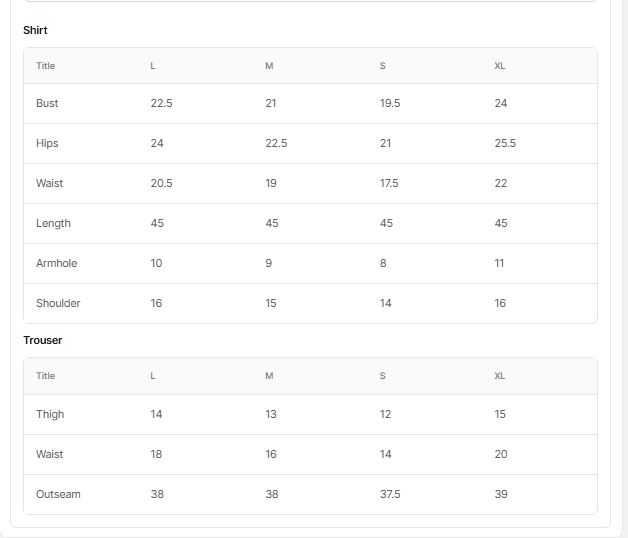 Size chart for Atelier