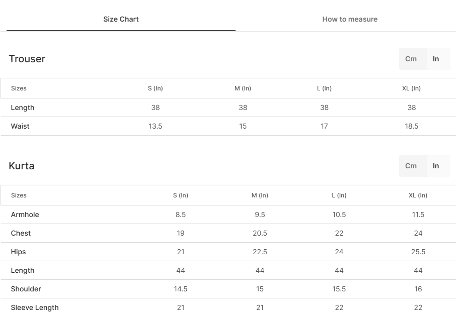 Size chart for Ayla Pink