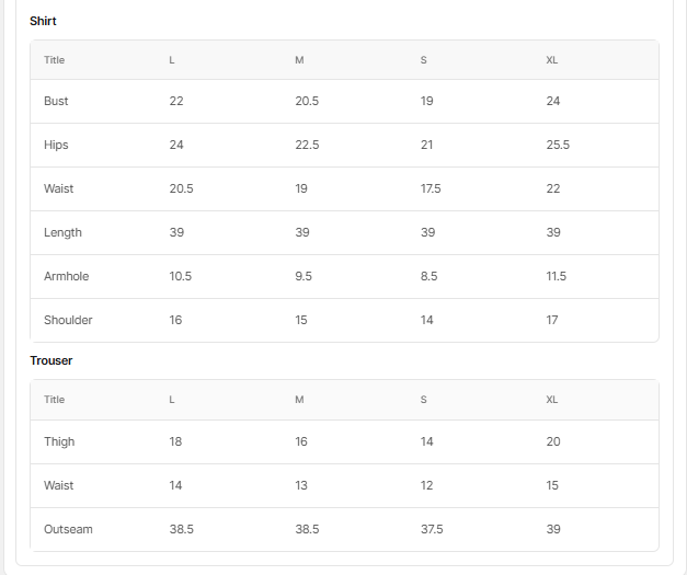Size chart for Azeerah Black