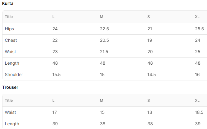 Size chart for Baanwari