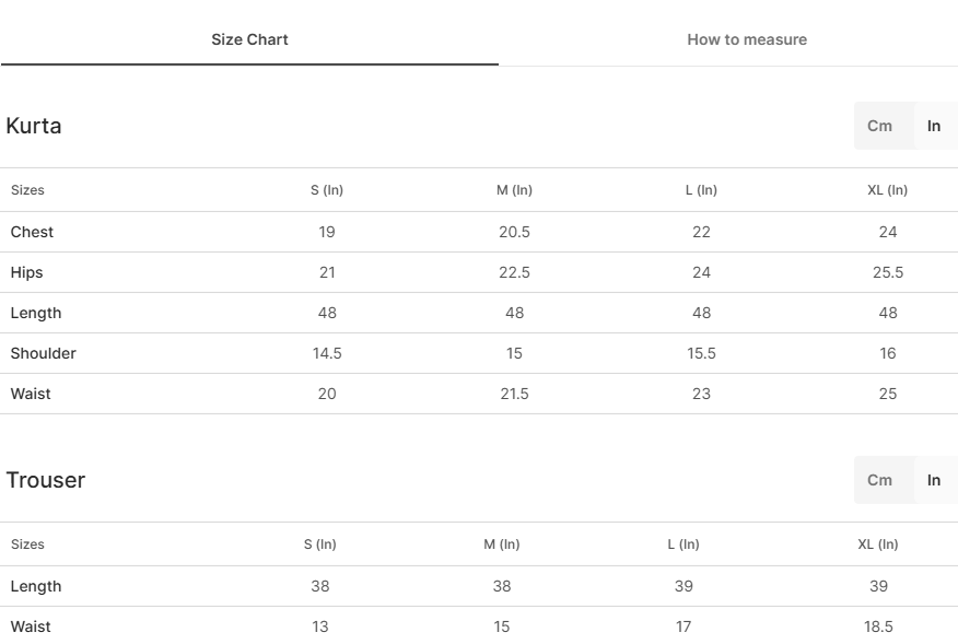 Size chart for Baanwari