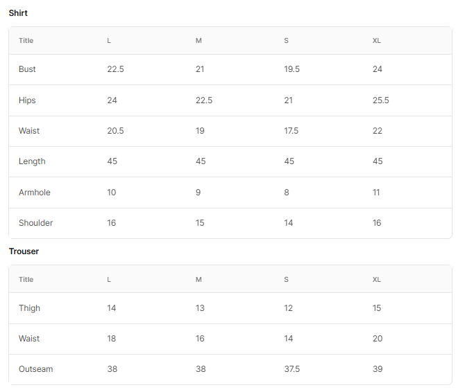Size chart for Badar Pista