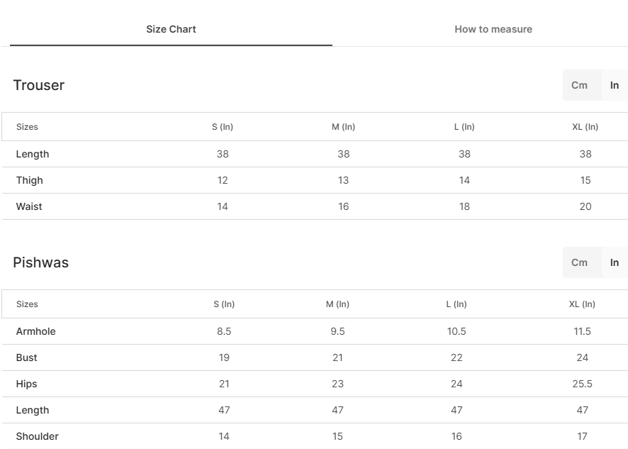 Size chart for Banafsha