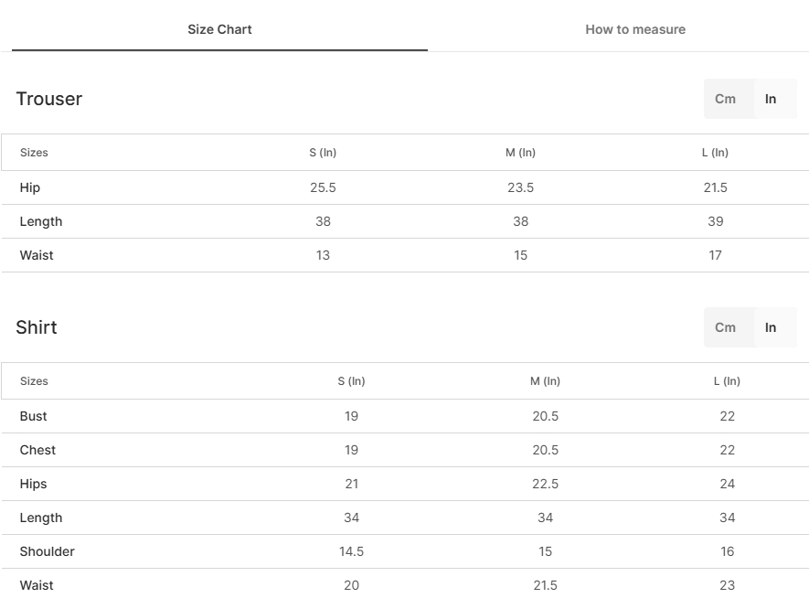 Size chart for Barafgoon