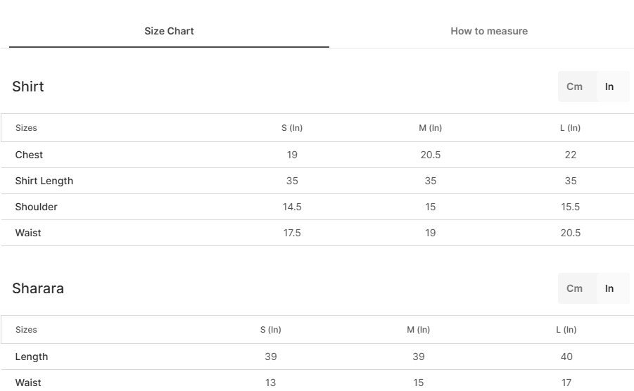 Size chart for Baraftab Black