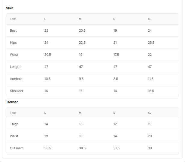 Size chart for Basanti white