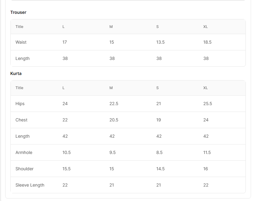 Size chart for Beam