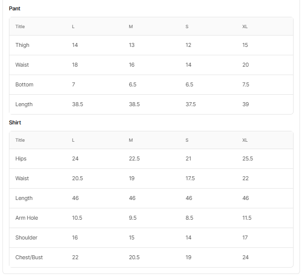 Size chart for Belleza - Ivory