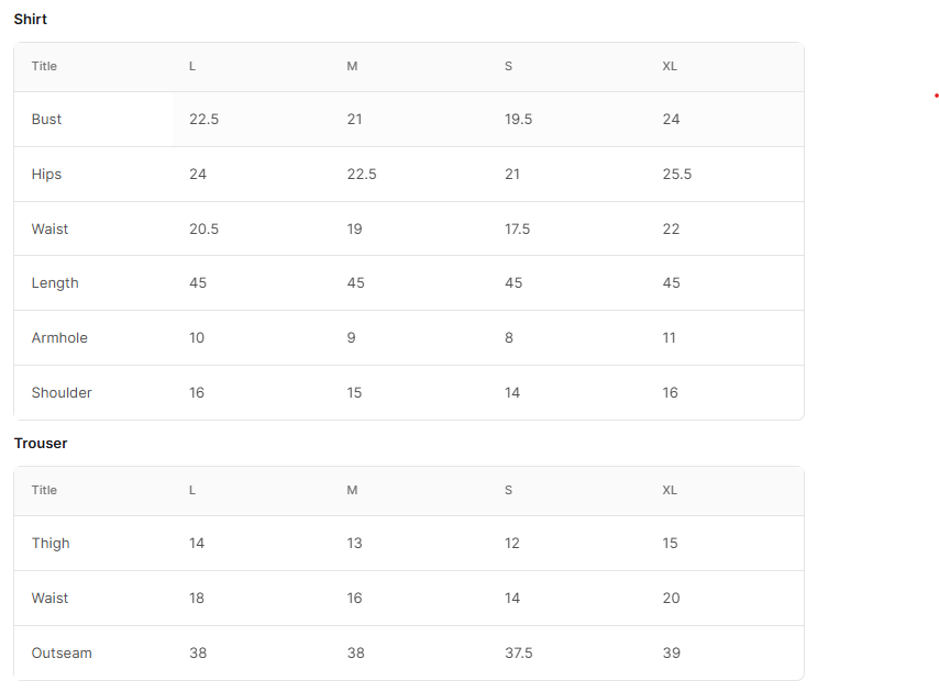 Size chart for Blessing