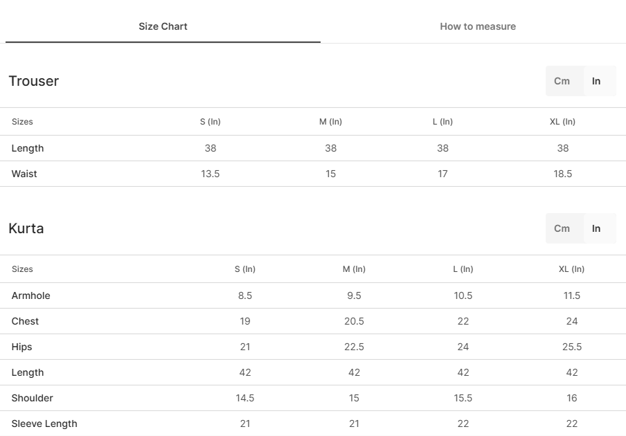 Size chart for Blossom Black