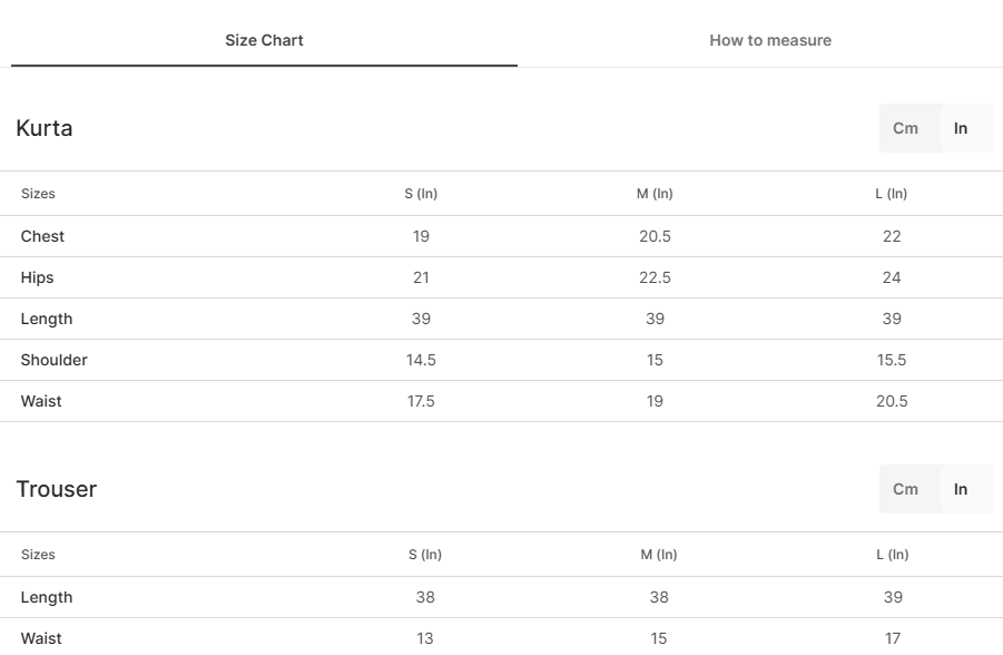 Size chart for Carnation Black