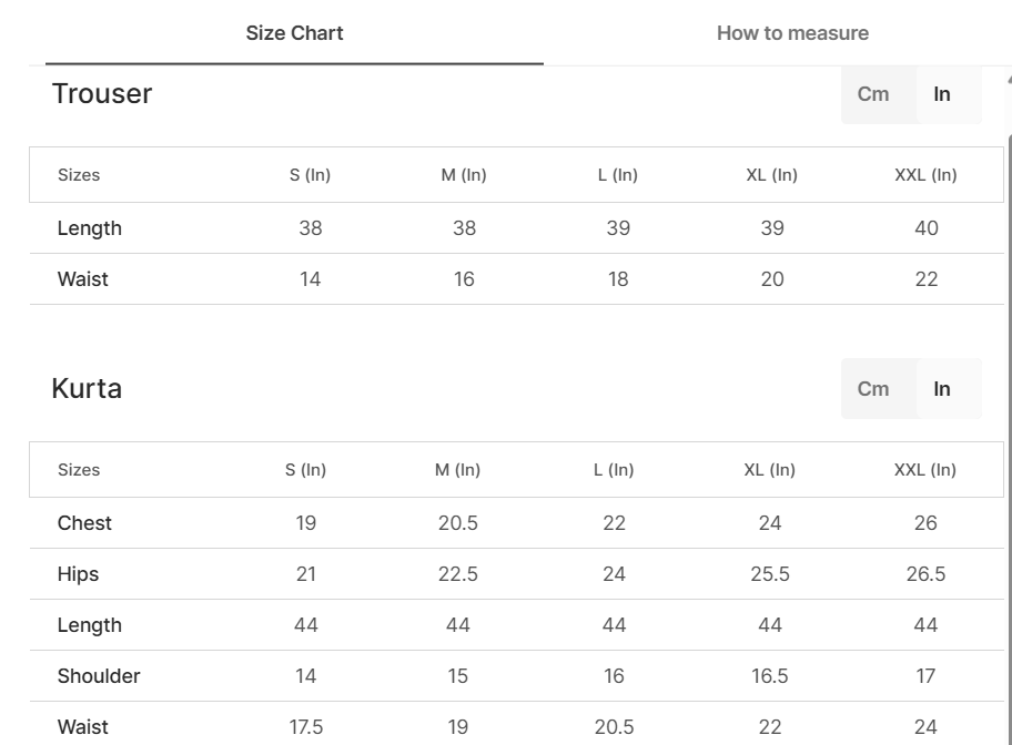 Size chart for Casper - White