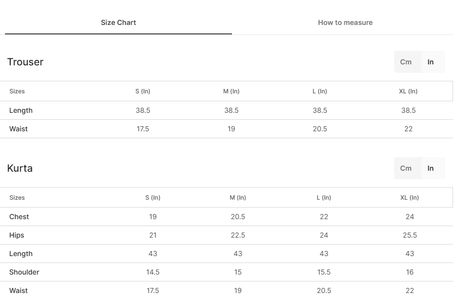 Size chart for Celadon