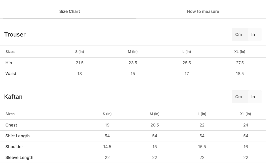 Size chart for Cew Teal