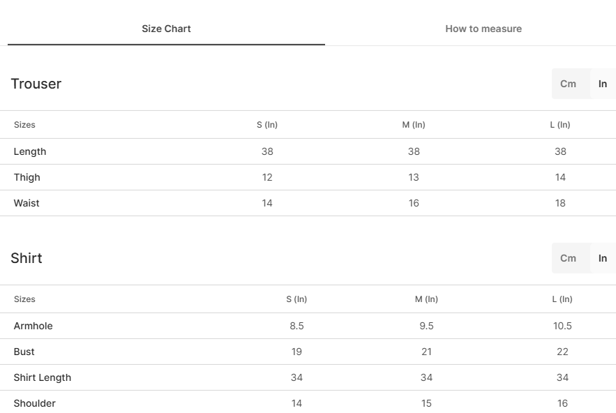 Size chart for Chashm