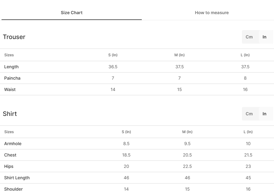 Size chart for Cheen