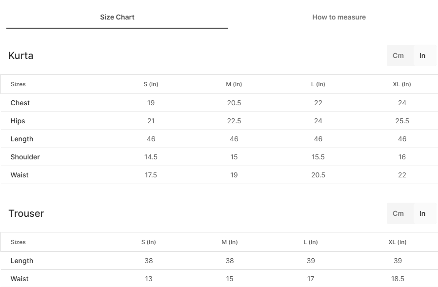 Size chart for Cornflower