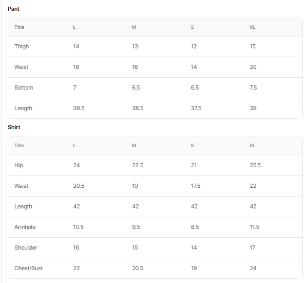 Size chart for Cottage