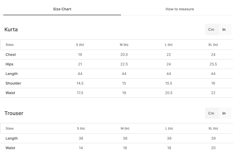 Size chart for Cottage